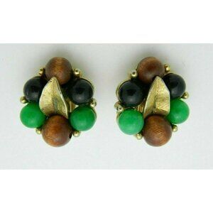 ART Signed Wood Lucite Faux Gemstone Bead Leaf